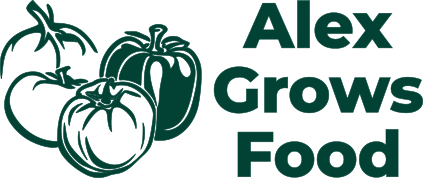 Alex Grows Food logo tomatoes and peppers with chunky text